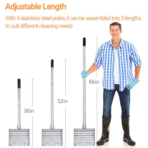 Chicken Poop Scooper Spring Steel Shovel 38-66in Extendable Handle | 3 Adjustable Angle Sifting Shovel Professional Poultry Litter Cleaner for Chicken Coop, Duck, Goat and Sand - size: 9" W x 2.5" D