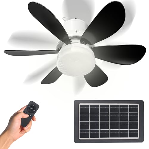 17.3in Solar Ceiling Fan Light, Solar Powered Rechargeable Ceiling Fan | 3 Color Light＆Remote Control, Built in 10000mah Battery for Outside Gazebo Canopy Tent, Chicken Coop ,Camping