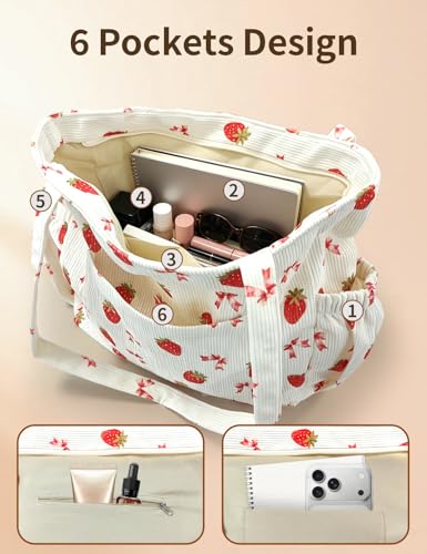 Corduroy Tote Bag for Women, Cute Floral Tote Bag with Zipper, Large Shoulder Handbag with Multi-Pockets for Work Travel Gym - color: Strawberry