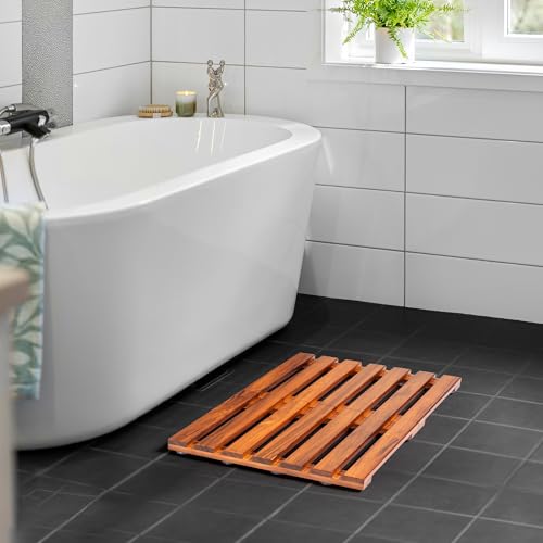 21x14 Teak Shower Mat, Non-Slip Solid Wood Bath Duckboard | Fast-Drying Spa-Style Wooden Slat, Heavy Duty Floor Panel for Bathroom, Indoor & Outdoor Use - size: 21" x 14" (Rectangular)