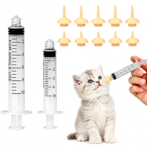 Pet Feeding Syringe with Silicone Nipples | Kitten Syringe for Feeding Newborn Kittens, Puppies, Rabbits and Small Animals (5ml+10ml +10 Silicone Nipples) - color: Ivory