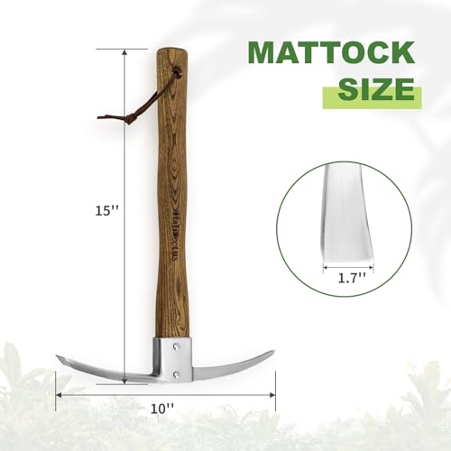 Haliaeetus Pick Axe, Stainless Steel Mattock, Garden Pick with Wood Handle | with Sharp Pick and Cutting Edge for Breaking up Heavy Clay Soil, and Removal of Difficult Weeds, for Digging, Loosening Soil