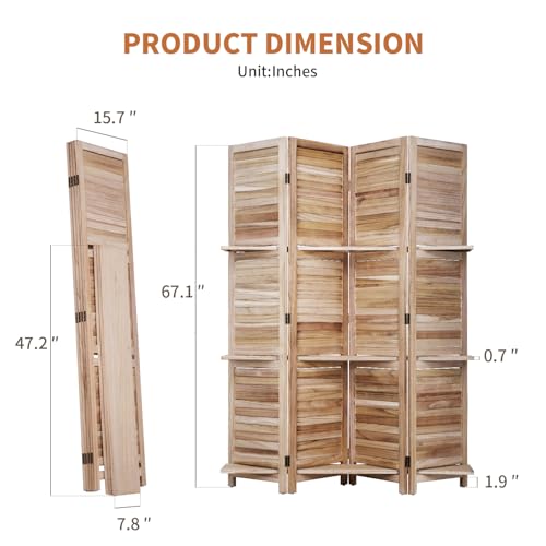Room Divider 4 Panel Folding Wood 5.6 Ft Tall Privacy Screen Dividers Wall with Three Shelves Portable Partition (Natural) - color: Natural