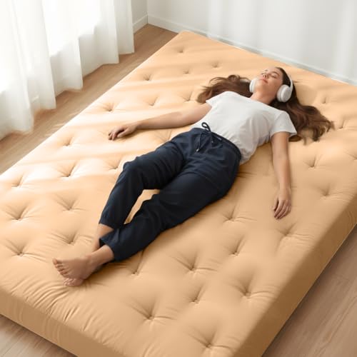 ZonLi Japanese Floor Futon Mattress 100% Cotton Washable Cover Foldable | 80" x 60" Queen Size 6" Thick Tatami Mat Sleeping Pad, Roll Up Floor Lounger Bed for Guest, Dormitory, Camping & Travel - color: Burro, size: Queen(80"L x 60"W x 6"Th)