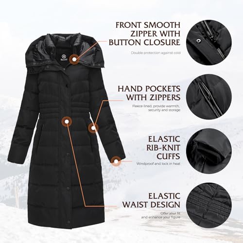 IKAZZ Women's Winter Coats, Thickened Warm Insulated Vegan Down Long Parka Jacket with Hood - color: Black, size: X-Large
