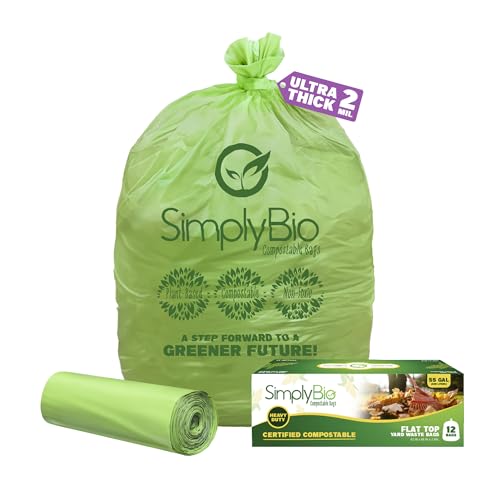 Simply Bio 50-55 Gallon Compostable Trash Bags Liners Flat-Top, Heavy Duty Extra Thick 2 Mil, 208.2 Liter, 12 Bags, Lawn, Yard, and Restaurant Use, ASTM D6400, US BPI, OK Compost Home Certified - size: 1 Count (Pack of 12), style: Flat-Top (55 Gal, 2 mil)