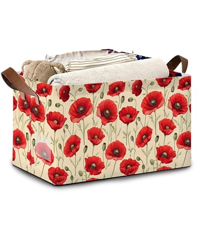 Vintage Poppy Flower Storage Baskets,Foldable Large Capacity Organizer Bins with Waterproof Lining and Leather Handles for Closet,Shelf,Bedroom 17x11.5x10Inch - color: Vintage Poppy Flower