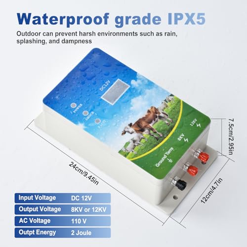 Electric Fence Charger 6 Mile, 8KV-12KV 2J Output, LED Display | High Power, AC DC Multi-Powered Electric Fence，Repels Wildlife for Livestock,Horses,Cattle Sheep,Gardens,Orchards Protection