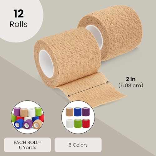 Juvale Stretch Vet Wrap - Self-Adherent Pet First Aid Tape - Secure Ankle Wrap & Wrist Support - Athletic Tape for Sports Use - Pack of 12, 2 in x 6 yd, 6 Colors