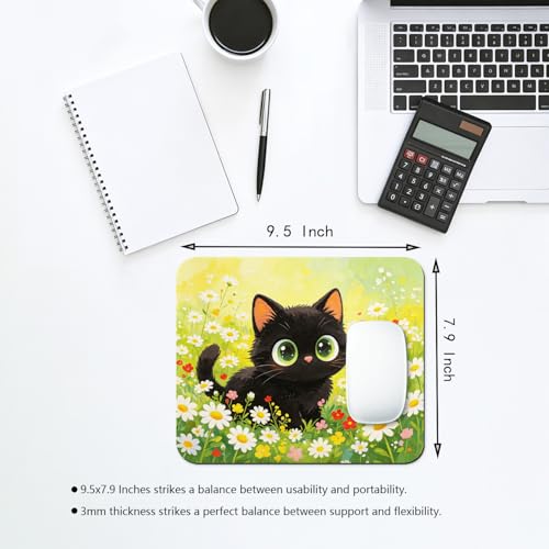 Lovely Black Kitten in Daisy Meadow Mouse Pad 9.5" x 7.9", Whimsical Spring Floral Cute Desk Mat - color: Black Kitten