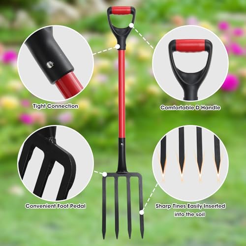 4-Tine Garden Pitch Fork, 44-Inch Heavy Duty Digging Fork for Soil Loosening, Compost Turning & Mulch Moving – Ergonomic Fiberglass Handle Garden Fork - size: One Piece Fork 42.5Inch