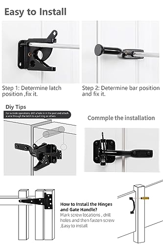 HOME MASTER HARDWARE Wood Gate Hardware Set- Heavy Duty 6" Gate Tee Hinge,Pull Set Gate Hardware Kit with Screws for Outdoor Fence Swing Gate Black Finish | 2 Pack T Strap Hinges, Self Locking Gate Latch, Pull Door Handle, Included Screws, Black, HOME MAS