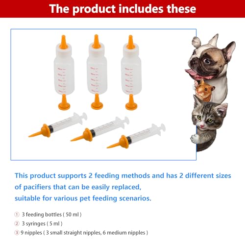 Pet Feeding Bottle and Syringe Set for Puppies and Kittens(3 Bottles,3 Syringes,9 Nipples)