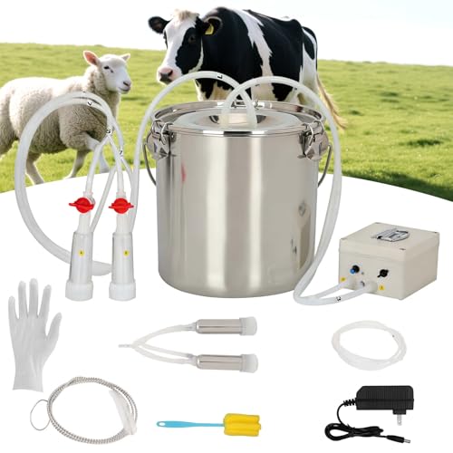 7L 2-in-1 Milking Machine for Goats and Cows, Electric Goat and Cow Milking Machine, Battery Powered Pulsation Vacuum Pump, Portable Rechargeable Milker, Stainless Steel Bucket with 4 Teat Cups
