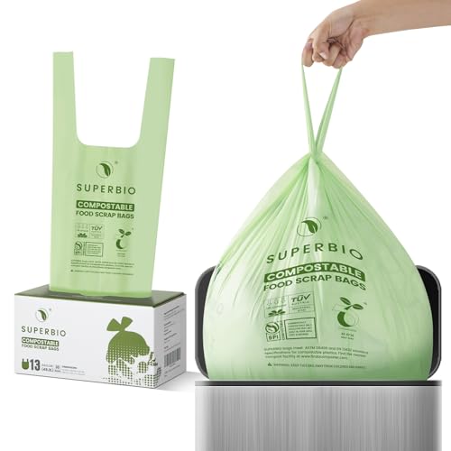 SUPERBIO 13 Gallon Handle Tie Compostable Food Waste Bags, 30 Count, 2 Pack | Food Scrap Bags with Handles, ASTM D6400, BPI and OK compost HOME - color: 13 Gallon Handle Tie, 60 Count (2 Pack)