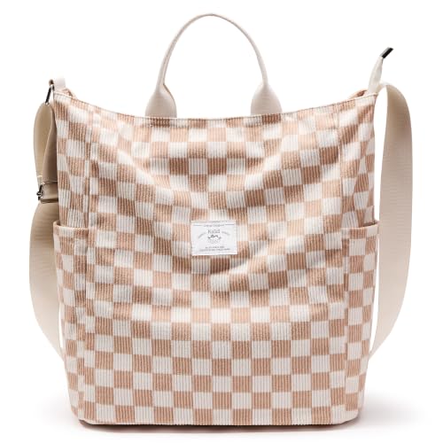 KALIDI Corduroy Tote Bag, Large Slouchy Hobo Messenger Crossbody Bag | Anti Splash Zipper Side Pockets Shoulder Bag Adjustable Strap Lightweight Casual Work Shopping Women - color: Khaki Checkered