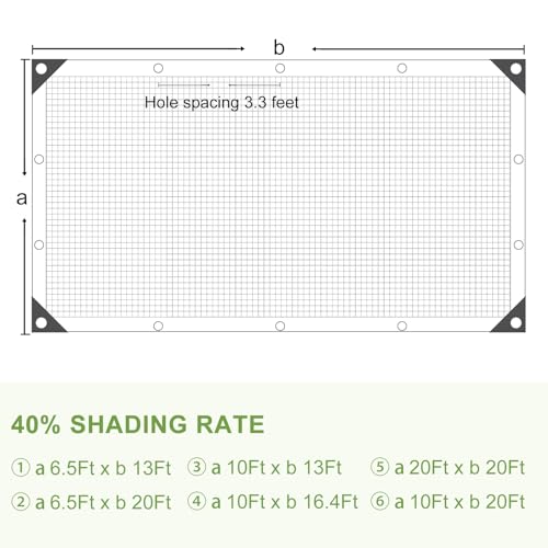 6.5Ft x 13Ft 40% Shade Cloth Greenhouse Tarp Mesh with Grommets for Plants | 40% UV Block, Tear-Resistant HDPE, Rustproof Aluminum Grommets, Multi-Use for Garden, Pergola & Chicken Coop - size: 6.5Ft x 13Ft