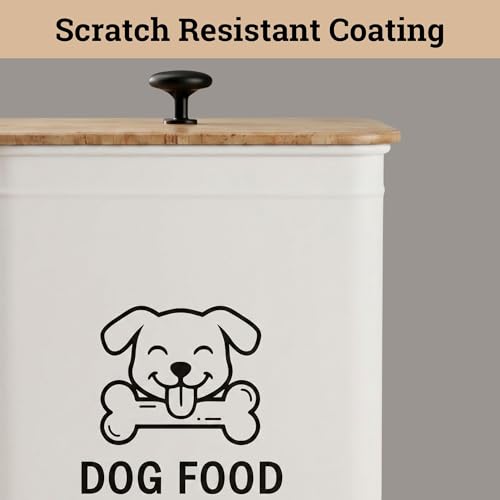 Metal Dog Food Container 5-7lb, 25 Cup w/ Airtight Bamboo Lid, Metal Handle | Pet Jar For Dogs up to 50lbs, Airtight Bamboo Lid, Sturdy Comfortable Metal Handle, Powder Coated Iron, Kibble Storage Bin - color: White: Dog Face