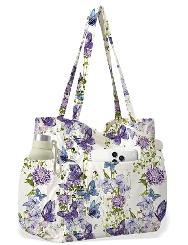 Corduroy Tote Bag for Women, Cute Floral Tote Bag with Zipper, Large Shoulder Handbag with Multi-Pockets for Work Travel Gym - color: Purple Butterfly