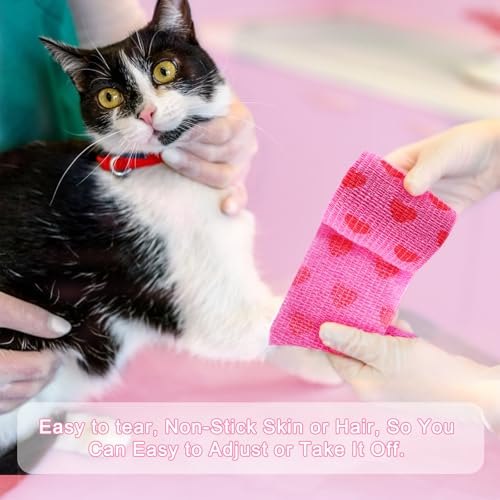 48 Pack Self Adhesive Bandage Wrap, 2” x 5 Yards Cohesive Medical Tape Elastic Grip Tape Black Sports Tape Athletic for Ankle, Wrist Sprains, Pet First Aid (Pink-Heart) - color: Pink-heart