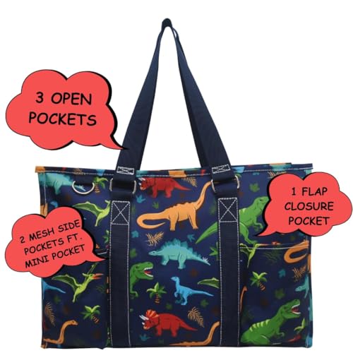 NGIL Utility Water Resistant Tote Bag | Work Tote for Women, Nurse Bag, Teacher's Choice Purse, Gym Bag, Everyday Organizer Top Zipper Closure - color: Dino World- Navy