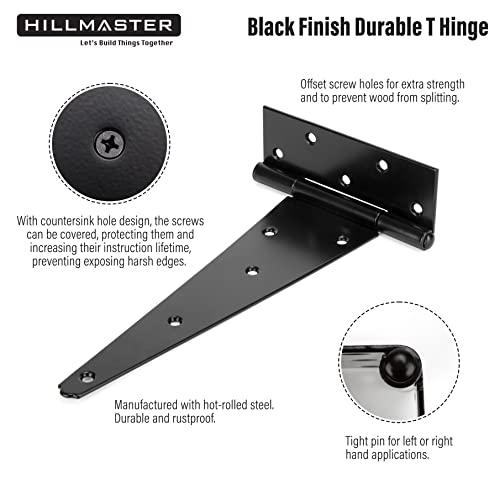 HILLMASTER 12 Inch T-Strap Heavy Duty Shed Door Hinges Gate Strap Hinges Black Tee Hinge Wrought Hardware for Wooden Fences,Yard,Barn Door,Rustproof (2 Pack) - size: 12in 2 Pack
