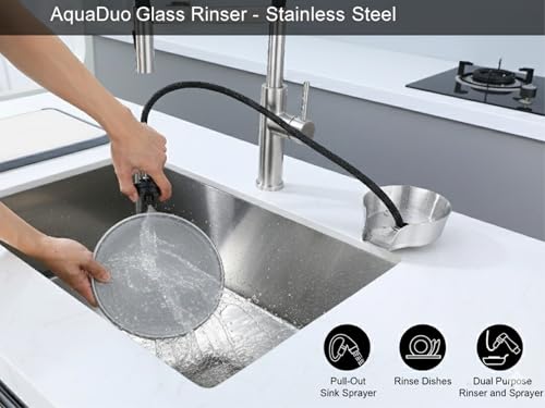 AquaDuo Glass Rinser and Kitchen Sink Sprayer Combo, Stainless Steel Cup Washer, Cup Cleaner, Bottle Washer, Bar Sink Attachment, Pull out Sprayer, Brushed Nickel - color: Brushed Nickel (Stainess Steel)