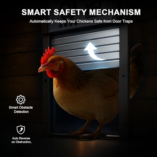 Automatic Chicken Coop Door – Solar Powered Auto Chicken Door with Light Sensor, Timer & Manual Control, 2500 mAh Battery +USB-C Backup, Aluminum,Waterproof, Anti-Pinch Safety, Fits Most Poultry Coops
