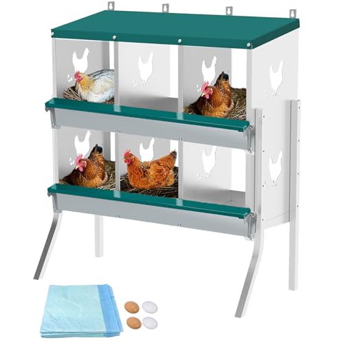 Garvee Large Metal Chicken Nesting Boxes for Hens, 6 Compartment Galvanized Steel Nesting Box with Legs, Includes 4 Fake Eggs & 10 Soft Nest Pads, Wall Mount or Freestanding for Coop & Farm - style: 6 Holes w/ Legs