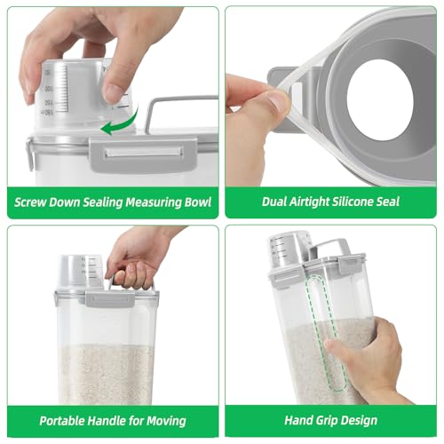 TBMax Rice Container 2 Pack 5 Lbs, Small Pet Dog Cat Food Container Dispenser, Kitchen Cereal Storage Container with Cup, Perfect for Daily Use, Travel, and Portion Control - color: Light Grey 3+3Qt