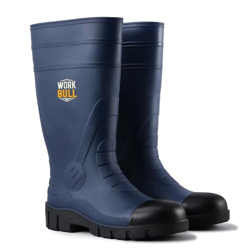 Men's Steel Toe Rain Boots, Waterproof Knee High Work Boots | Slip & oil resistant outsole for construction, farm and industrial work. - color: Navy Blue, size: 8