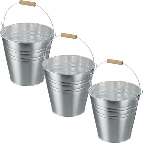 DUNCHATY 4 Gallon Galvanized Ice Bucket 3 Pack - Large Metal Beverage Tub with Wood Handles for Parties, Weddings, Beer, Wine & Champagne - 13" x 13" x 12" Rustproof Cooler - color: Ice-buckets 3P