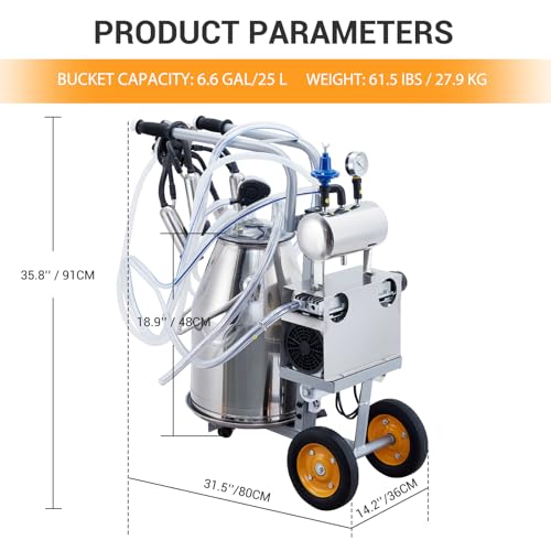 Cow Milking Machine, 55KPA 15000 RPM Milking Equipment with 25L Stainless Steel Bucket Portable Cow Milking Machine, Milker Machine 5-8 Cows per Hour, Bucket Milker for Cattle and Goat