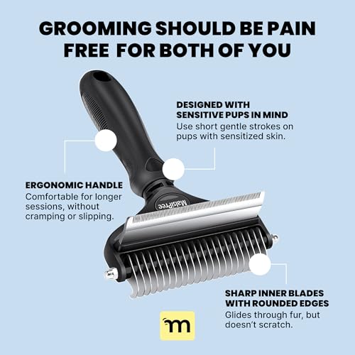MalsiPree Dog Brush - Large Black, 2-in-1 Undercoat & Dematting Rake | 2-in-1 undercoat rake & dematting brush - deshedding tool - Use for medium to large double-coated dogs & cats