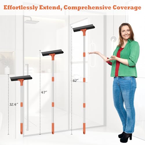 Floor Squeegee for Concrete Floor,18" Large Heavy Duty Squeegee for Floor, Rubber Broom with 62" Long Handle for Bathroom Tile, Garage Concrete, Deck, Shower Glass, Window Cleaning - color: Orange