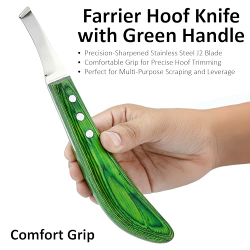 – Super Sharp Hoof Knife | Stainless Steel Blade with Wooden Handle | Professional Farrier Hoof Trimming Tool for Horses & Equine Hoof Care (Green Right-Hand)