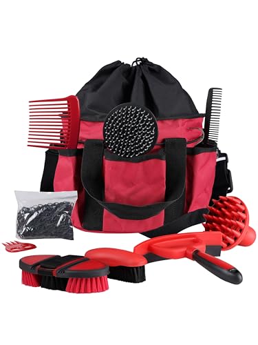 Harrison Howard Horse Grooming Kit 9 Piece with Tote Bag, Non-Slip Horse Brush Set for Shedding, Bathing, Hoof Care, Mane & Tail Grooming, Equine Grooming Supplies Red - color: Red