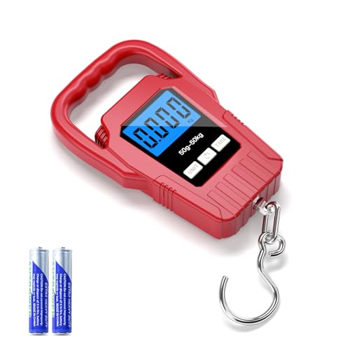 Digital Fish Scale Hanging Scale Fishing Scale,110lb/50kg Luggage Scale,Upgrade Large Handle & Backlit LCD Display, Electronic Balance Digital Fishing Postal Scale, Red, Fishing Gifts for Men - color: Red