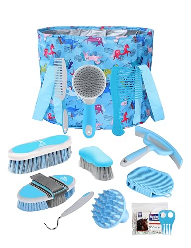 Harrison Howard Complete Horse Grooming Set, 11-Piece Advanced Daily Grooming Tools with Extra Brushes for Full Horse Care Blue Brushstroke Ponies - color: Blue