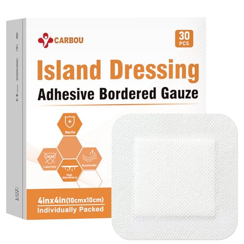 Carbou Island Dressing 4"x4" 30ct Sterile Bordered Gauze Pads Wound Care | Sterile Individually Wrapped packs,Highly Absorbent Adhesive Dressing Pad,Bordered Gauze With Adhesive Border,Island Bandages - size: 4‘’x4''