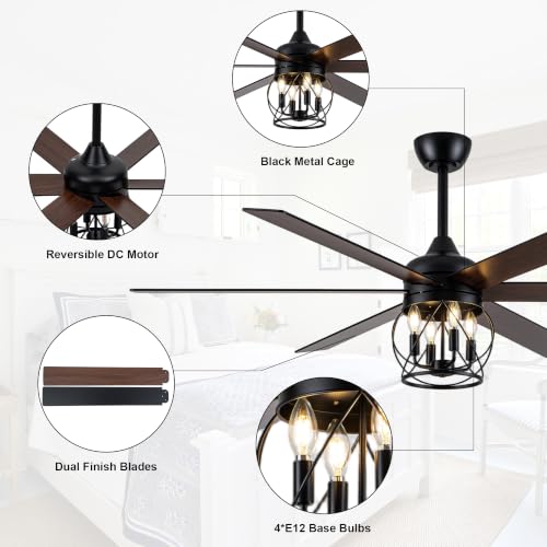 60" Farmhouse Ceiling Fan with Lights Remote Rustic Ceiling Fan | Industrial Black Caged Fandelier Large Moden Chandelier for Living Room Bedroom, 3 Downrods 6 Dual Blades 4 E12 Bulb Bases - color: Caged, size: 60 Inch
