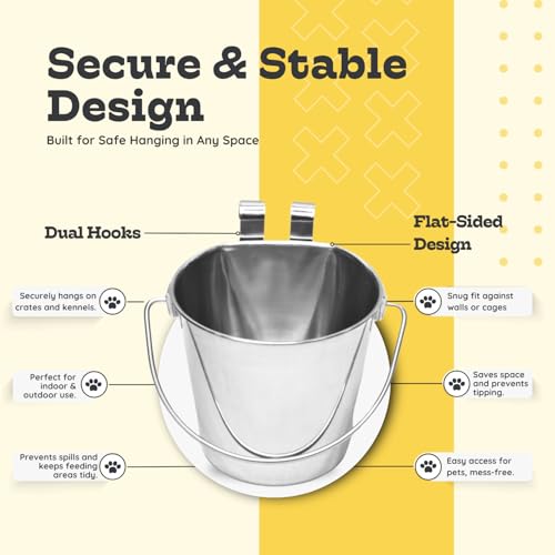 1 quart Stainless Steel Flat Sided Bucket with Dual Hooks | 0.25 gal Durable Food & Water Bowl for Dog Cat Bird & Small Animals | Fits kennel Cage Critter Crate | Hanging Utility Pet Pail - size: 1 Quart