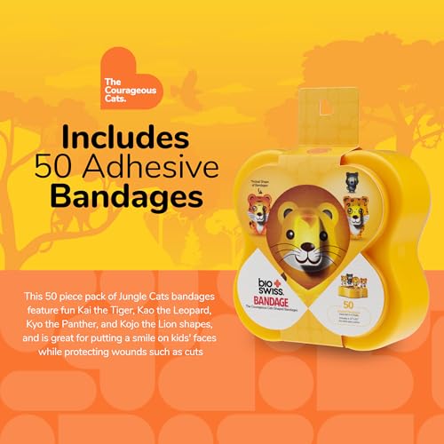 BioSwiss Bandages, Courageous Cats Shaped Self Adhesive Bandage Set, Latex Free, Sterile Wound Care, 50 Count - size: 50-Count Case, style: Jungle Cats