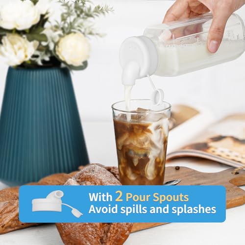 Syntic 8 Pack 16 Oz Glass Milk Bottles with Lids,2 Pour Spouts & Extra Lids | Reusable Glass Bottles with Measurement Marks for Juice,Breast Milk,Beverage Storage,Refrigerator Organization & Daily Use