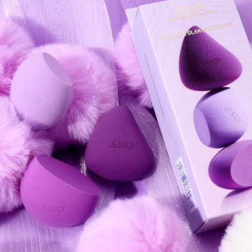 Jessup Multi-Shaped Makeup Sponge Set, Reusable Beauty Sponge Blender SP017 | Latex-Free, Ultra-Soft, Low-Waste, Easy-Clean, Flawless Blending, Precise Application for Foundation Concealer and Powder - color: Purple 3-pcs Set