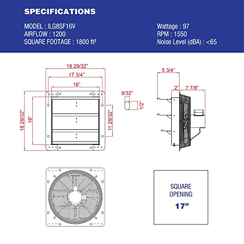 iLiving - 16" Wall Mounted Exhaust Fan - Automatic Shutter - Variable Speed - Vent Fan For Home Attic, Shed, or Garage Ventilation, 1200 CFM, 1800 SQF Coverage Area (Power Cord Not Included) - size: 16 Inches