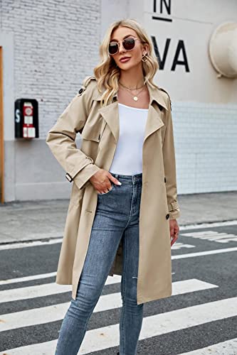 Womens Long Trench Coat Double Breasted Windproof Overcoat With Belt | Classic Lapel,Fall clothing, Spring outfits, Street outwear - color: Khaki, size: Small
