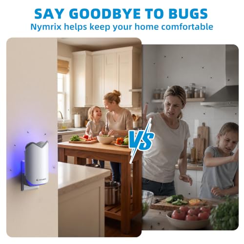 Nymrix Flying Insect Trap, Plug-in Indoor Fly Trap for Fruit Flies & Gnats | 24/7 Blue Light Trap for House Flies & Mosquitoes, Works in Kitchens & Near Plants, Safe for Kids & Pets, 1 Base + 3 Refills