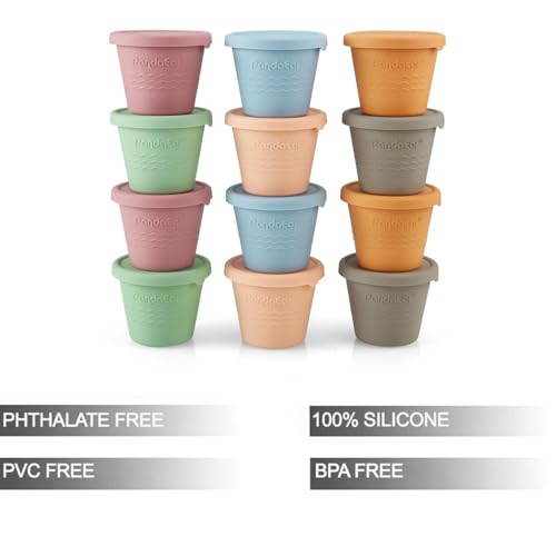 PandaEar 12 Pack Silicone Baby Food Storage Containers, 4 oz | Reusable Snack Containers Freezer Storage with Airtight Lids Leak Proof for Infants Kids Babies, Microwave & Dishwasher Safe