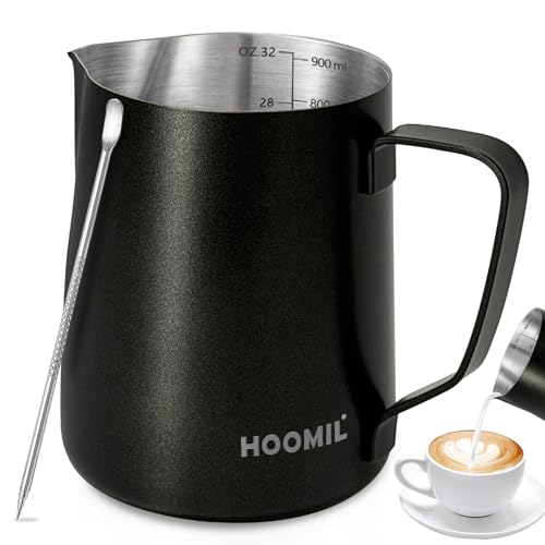 HOOMIL Milk Frothing Pitcher, 12oz/20oz/32oz 304 Stainless Steel | Steaming Pitcher with Clear Scale, Barista Milk Frother Cup Jug for Espresso Machine Coffee Cappuccino Latte Art - 32oz - color: Matte Black, size: 32 Ounces